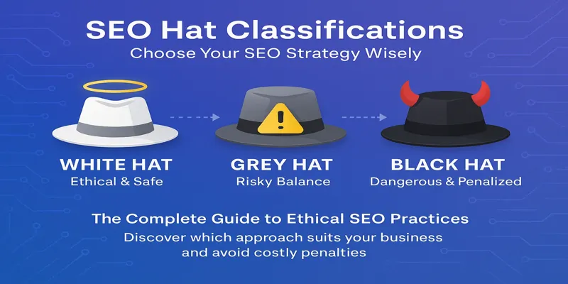 SEO hat classification. White Hat SEO vs Black Hat SEO vs Grey Hat SEO